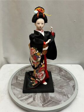 Vintage Japanese Geisha Doll Figure Black Kimono Floral Crane Collectible